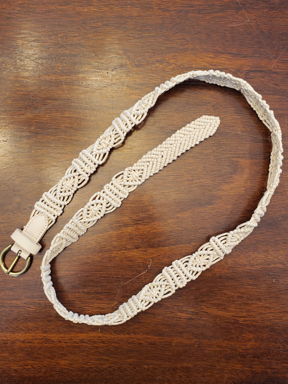 Woven Macramé Cream Women's Belt with Brass Buckle